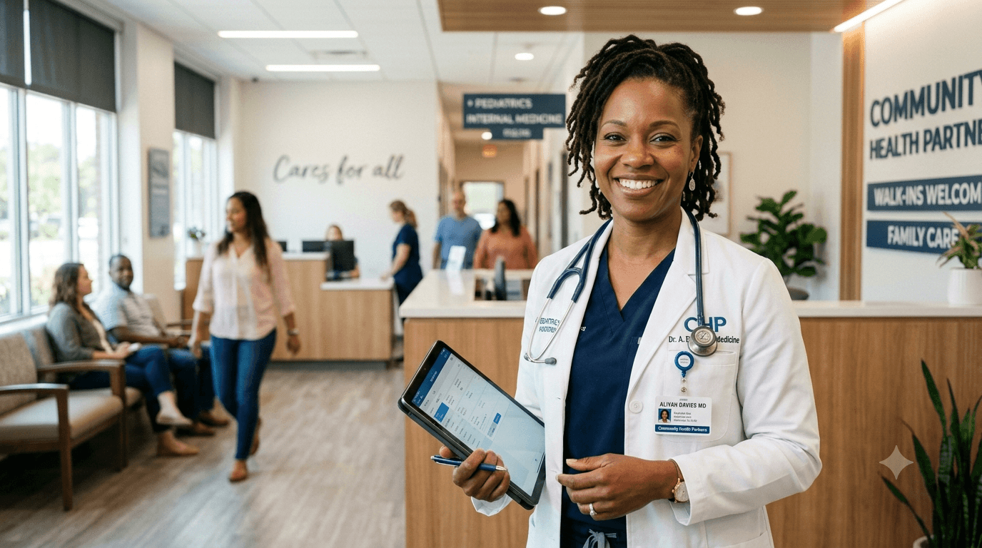 A family medicine doctor standing at a clinic reception desk, holding a tablet.