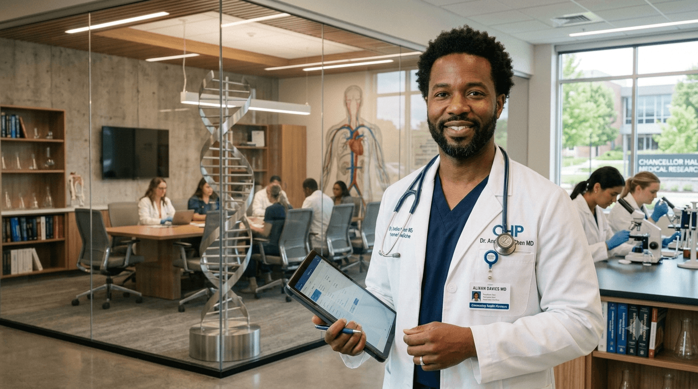 A physician holding a tablet in a medical research facility.