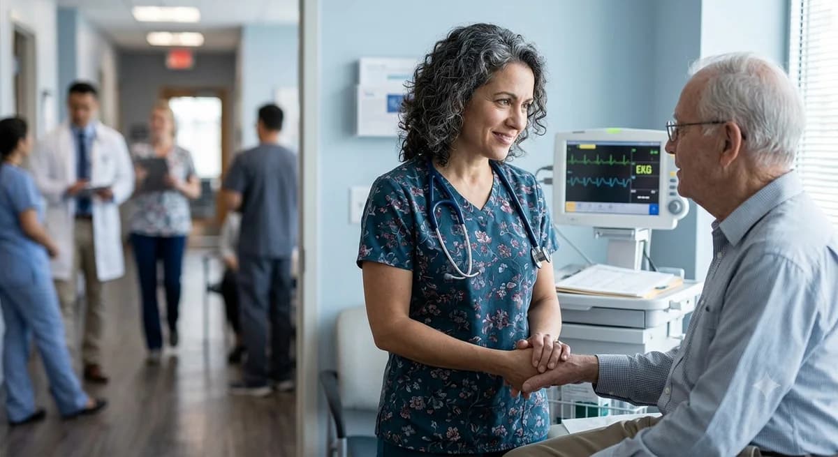 A nurse in scrubs holding an older patient's hand during a home visit.